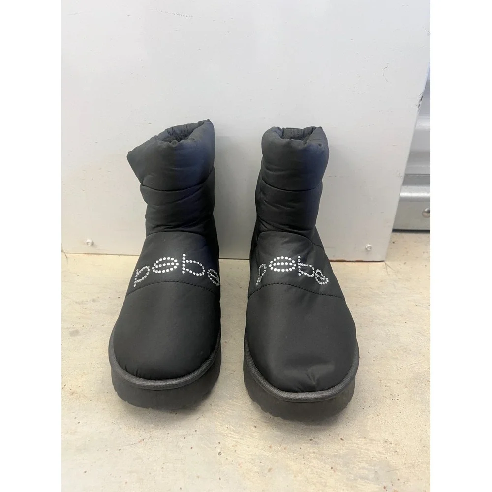Bebe Winter Boots Girls US 1 Black Rhinestone Logo Fur Lined Platform Casual